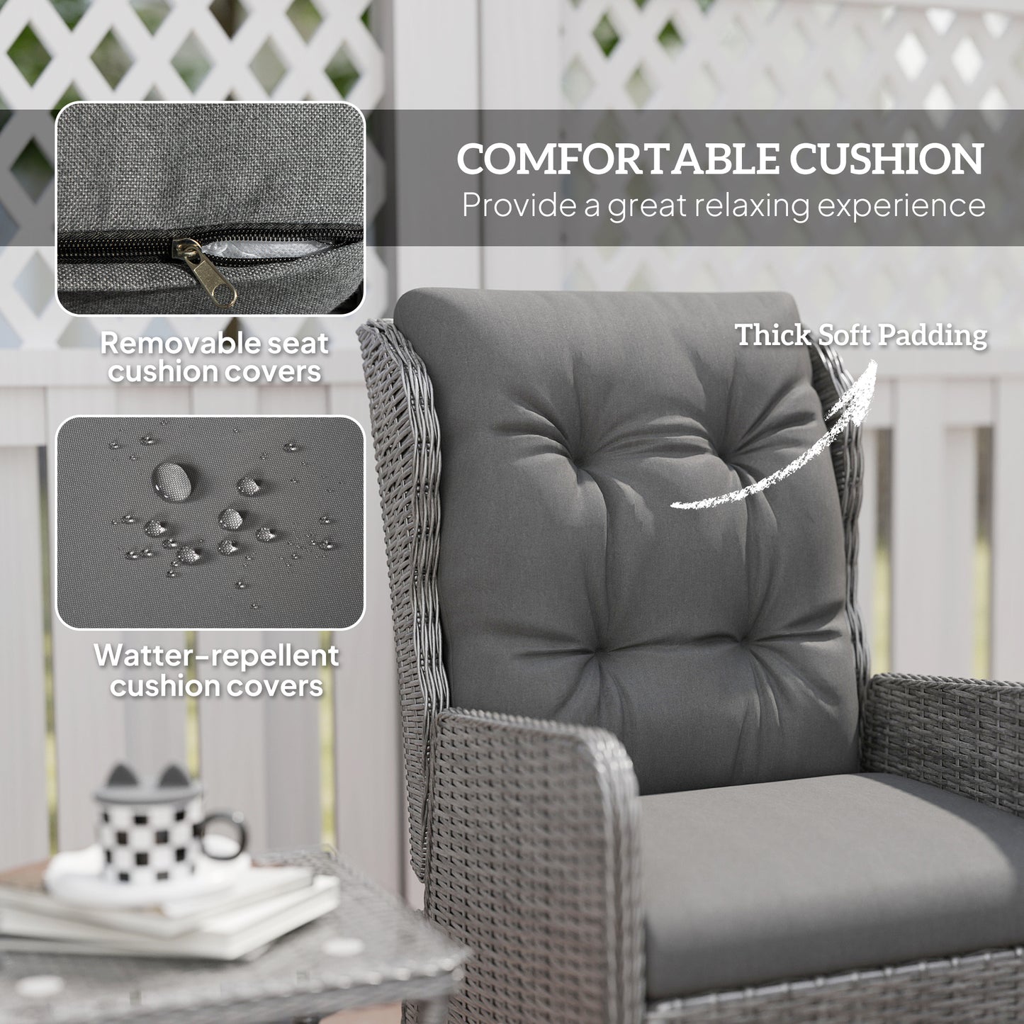 5 Pieces Rattan Bistro Set with Adjustable Back, Reclining Wicker Balcony Furniture with Cushions