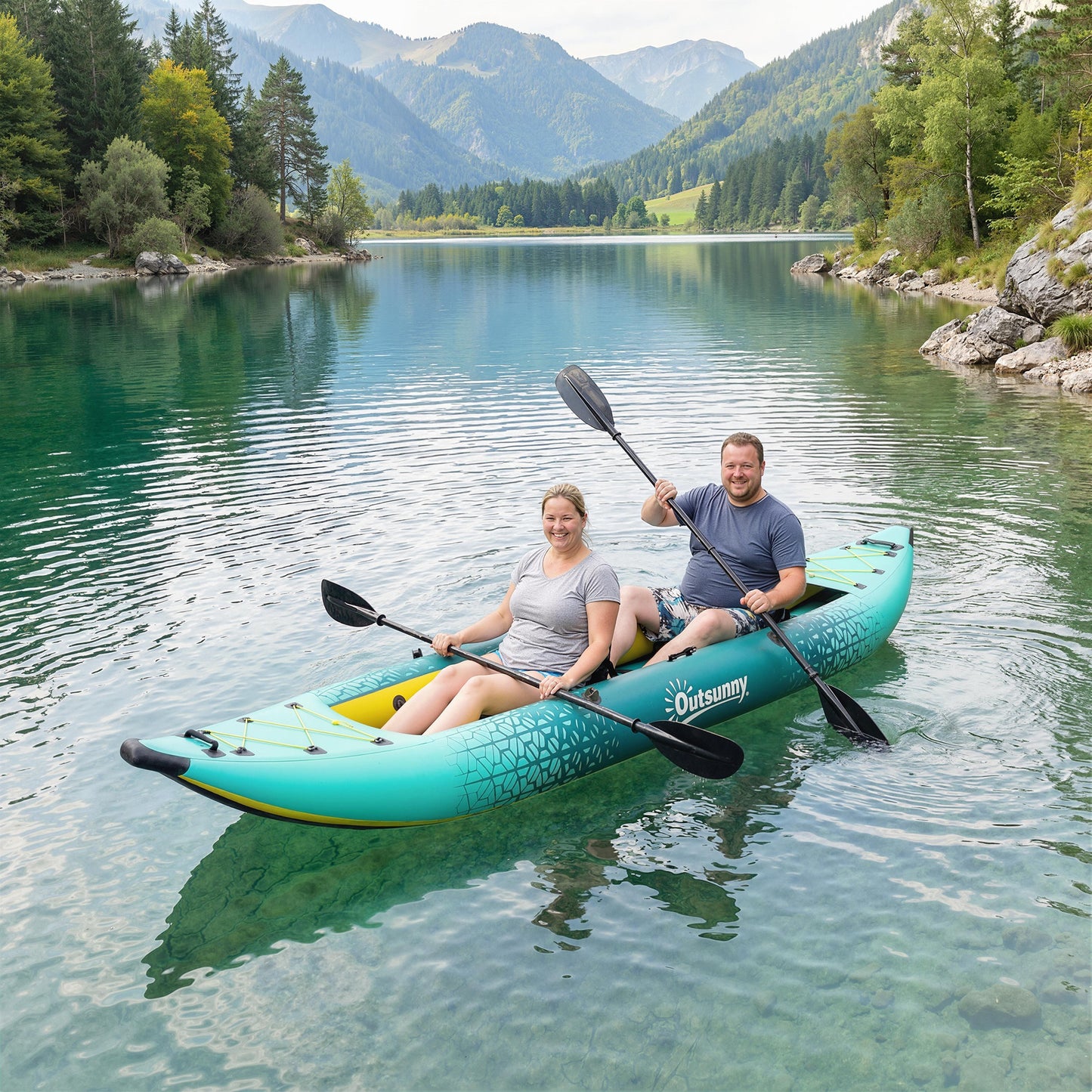 12.5' Inflatable Kayak Set, 2-person Sit on Canoe with Aluminium Oars, Blue and Yellow