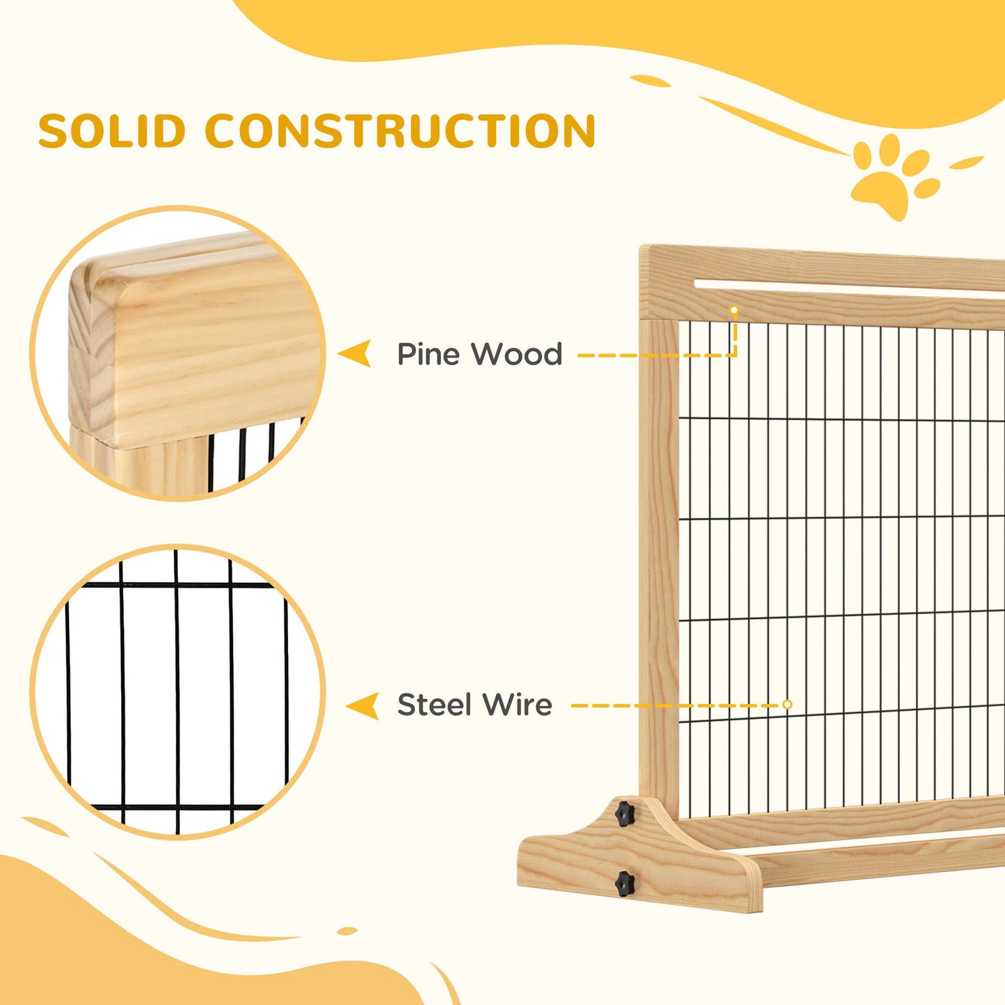 Freestanding Dog Gate, Foldable Pet Fence, Indoor Wood Barrier, Stair Gate with Support Feet, for Doorway, Hallway