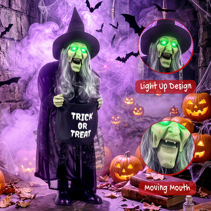 94cm Animated Witch Halloween Decoration, Scary Halloween Animatronics Decor with Sound Touch Activated & Light Up Eyes