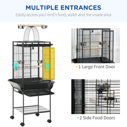 156cm Bird Cage,Large Parrot Cage with Open Play Top, Perch, Seed Guard, Wheels, Storage Shelf, Dark Grey