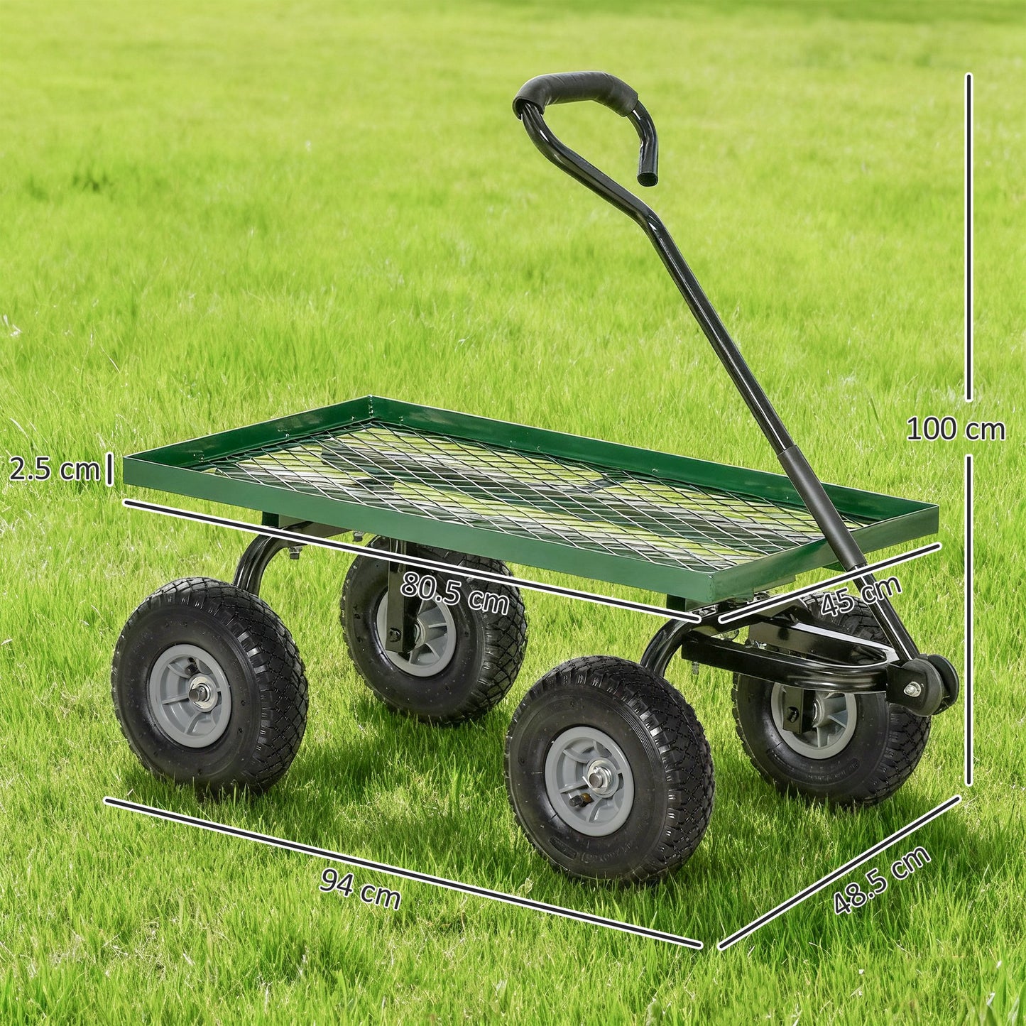 Garden Trolley Cart, Heavy Duty Garden Cart with Metal Frame, 10" Pneumatic Wheels, Rotating Handle, 150kg Capacity