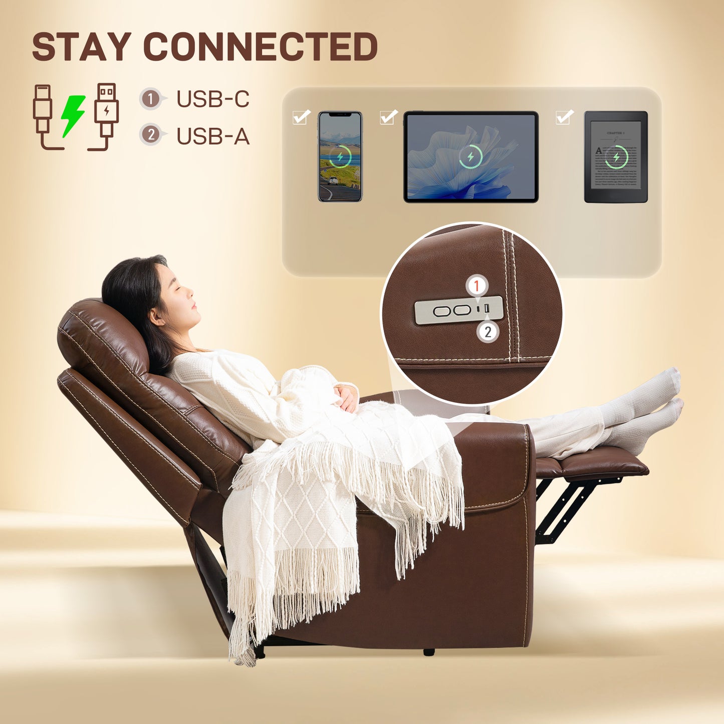Power Lift Recliner Chair for Elderly, Overstuffed Faux Leather Riser and Reclining Chair with USB A+C Ports