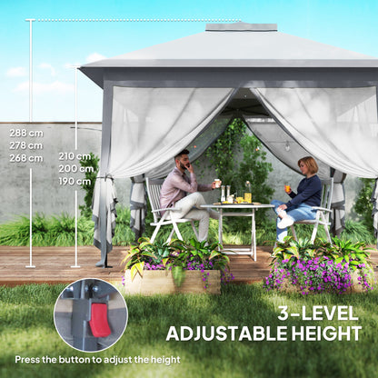 3.3 x 3.3m Pop Up Gazebo, Double Roof Foldable Canopy Tent with Zipped Mesh Sidewalls, Height Adjustable and Carrying Bag