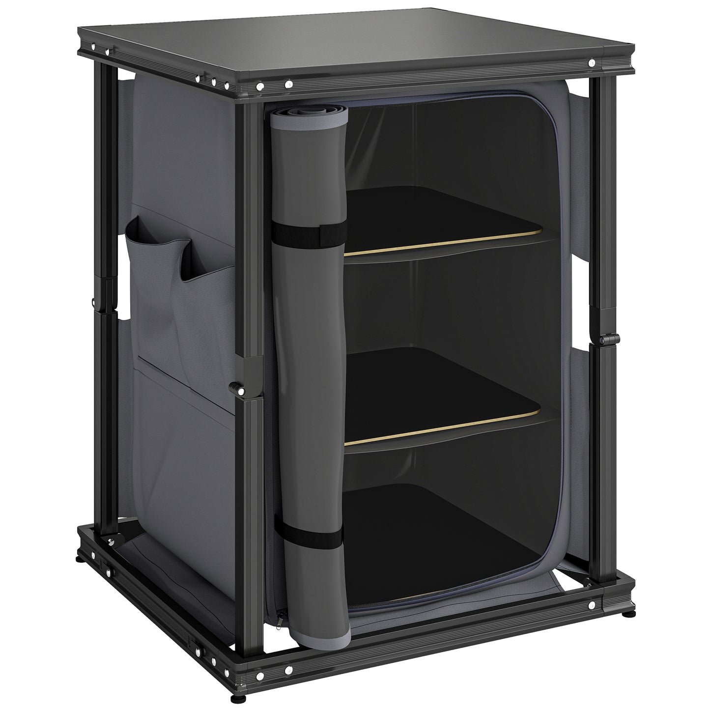 Camping Camping Cupboards, Folding Portable Kitchen Table with 3-Tier Storage, Black