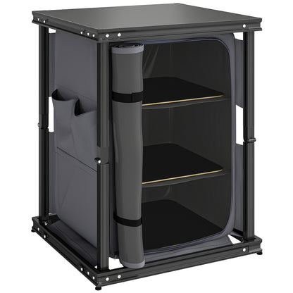 Camping Camping Cupboards, Folding Portable Kitchen Table with 3-Tier Storage, Black