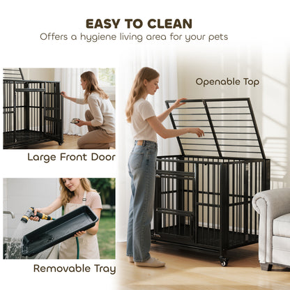 43" Heavy Duty Dog Crate, Foldable Dog Cage, with Openable Top, Locks, Removable Tray, Wheels - Black