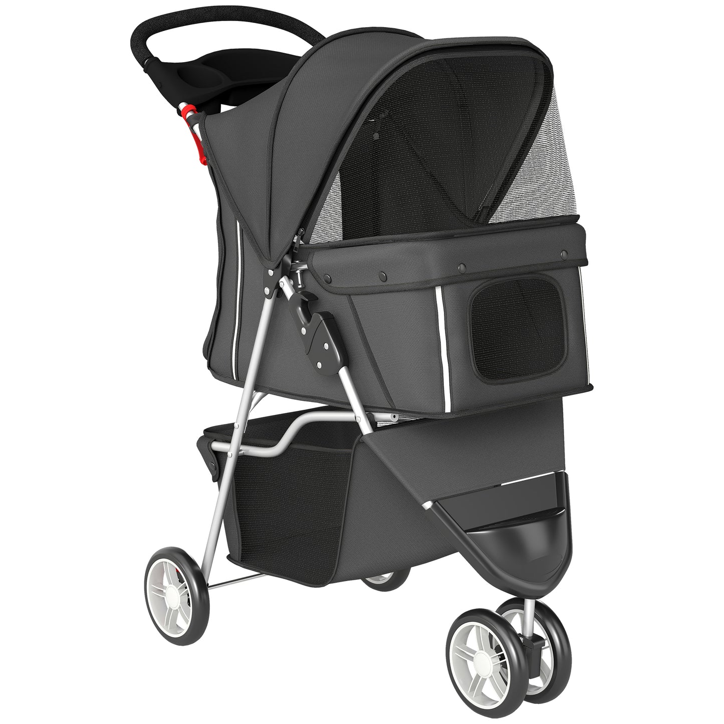 Dog Stroller, 3 Wheels Foldable Pet Stroller with Adjustable Canopy, Storage Basket for Small Mini Breeds, Dark Grey