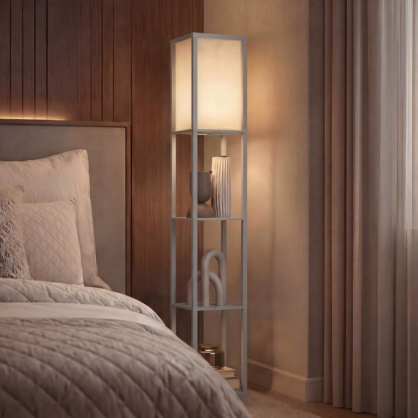 3-Tier Floor Lamp with Shelves and Storage, Modern Corner Standing Lamp with Lampshade, Foot Switch for Living Room, Bedroom