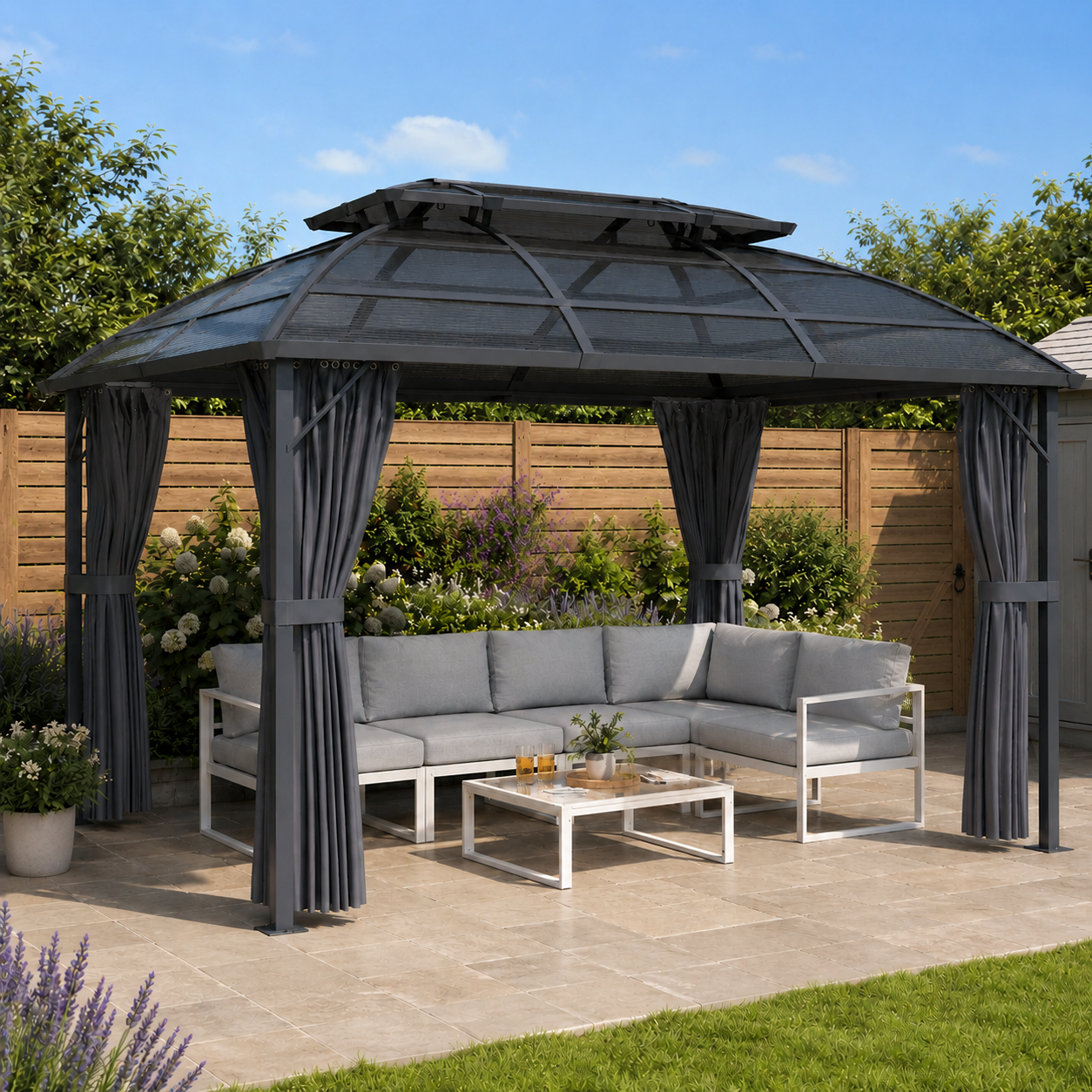 4 x 3m Aluminium Frame Hard Gazebo, with Accessories - Black