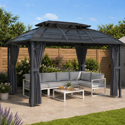 4 x 3m Aluminium Frame Hard Gazebo, with Accessories - Black