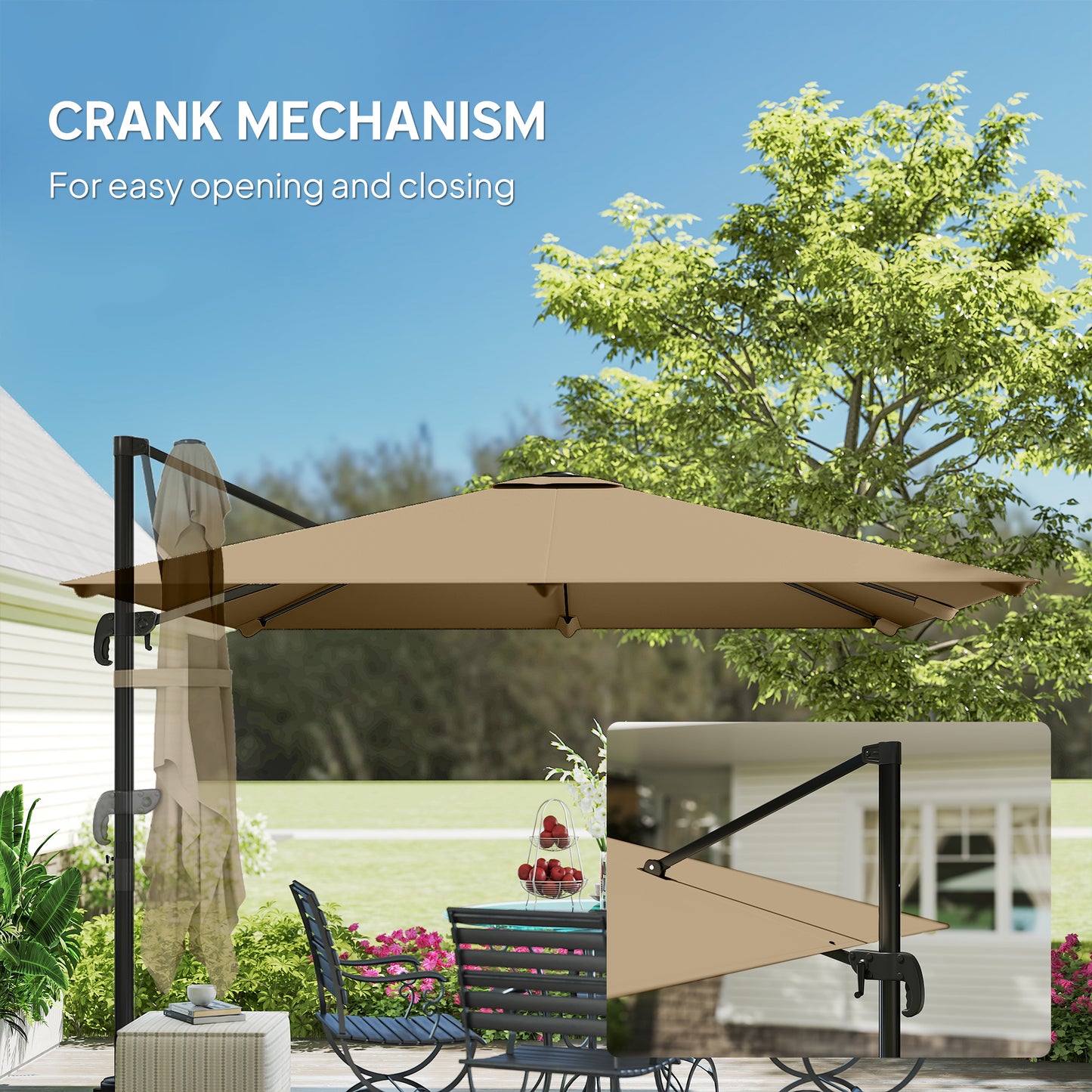 3 x 3 m Cantilever Parasol, Square Patio Umbrella with Crank Handle, Cross Base, Tilt, 360° Rotation, Khaki