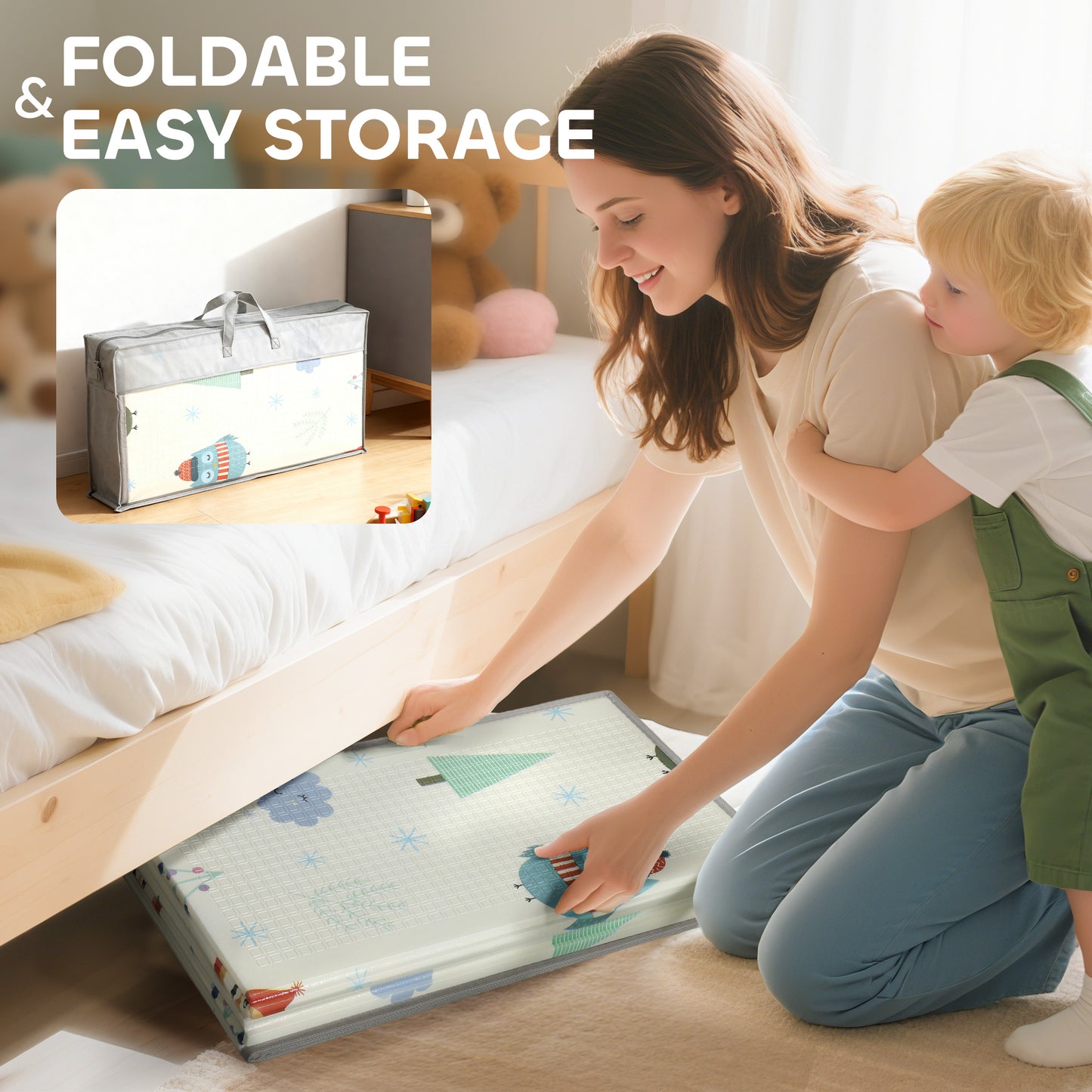 Foldable Baby Plat Mat Double Sided, Kids Floor Mat for Crawling, 200L x 150W cm, Car track and Owl Theme
