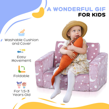 2 in 1 Kids Folding Bed Armchair with Glow in The Dark Cosmic Design, Washable Cushion and Cover, Pink