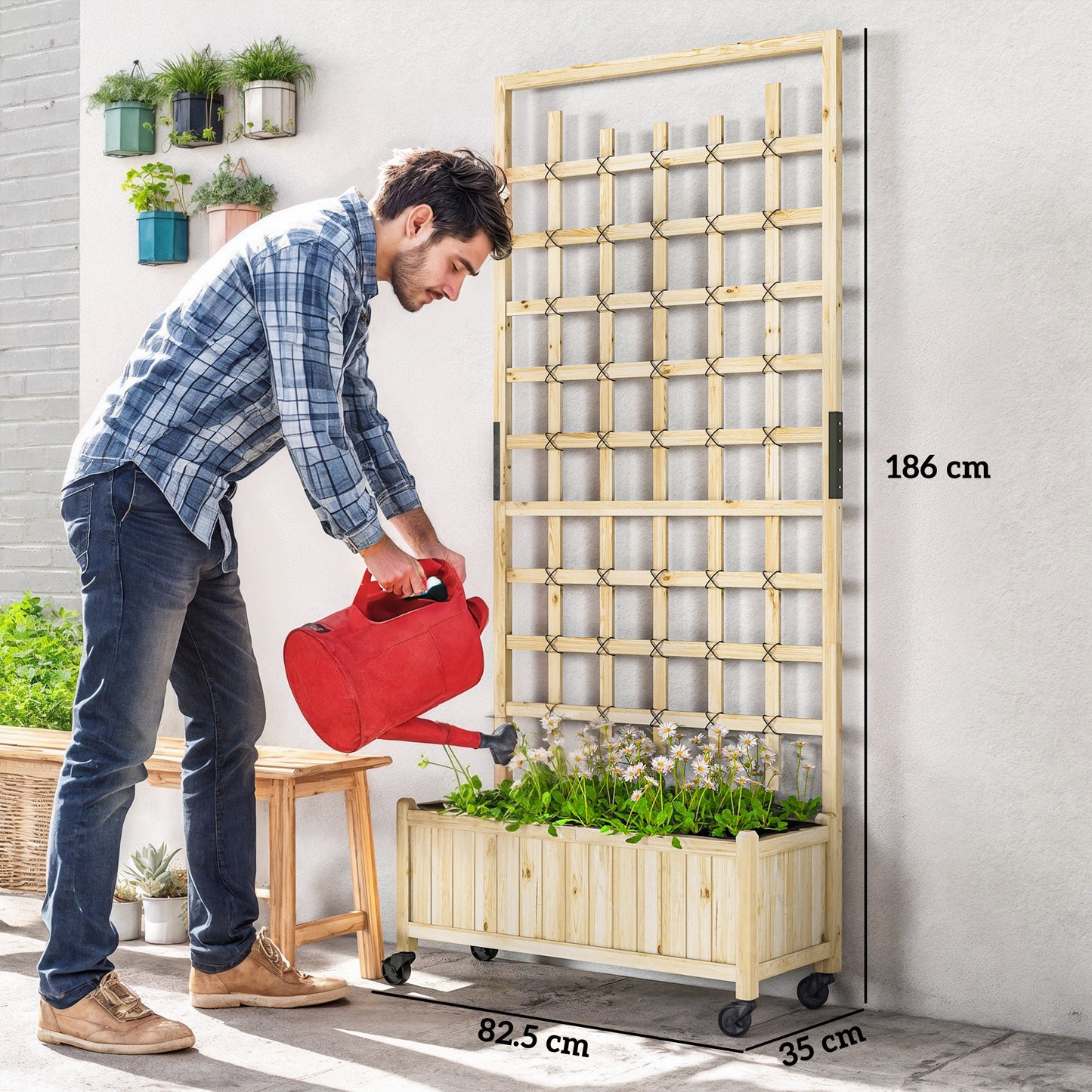 Wooden Trellis Planter, Raised Garden Bed with Wheels, to Climb and Grow Vegetables, Herbs and Flowers, Natural