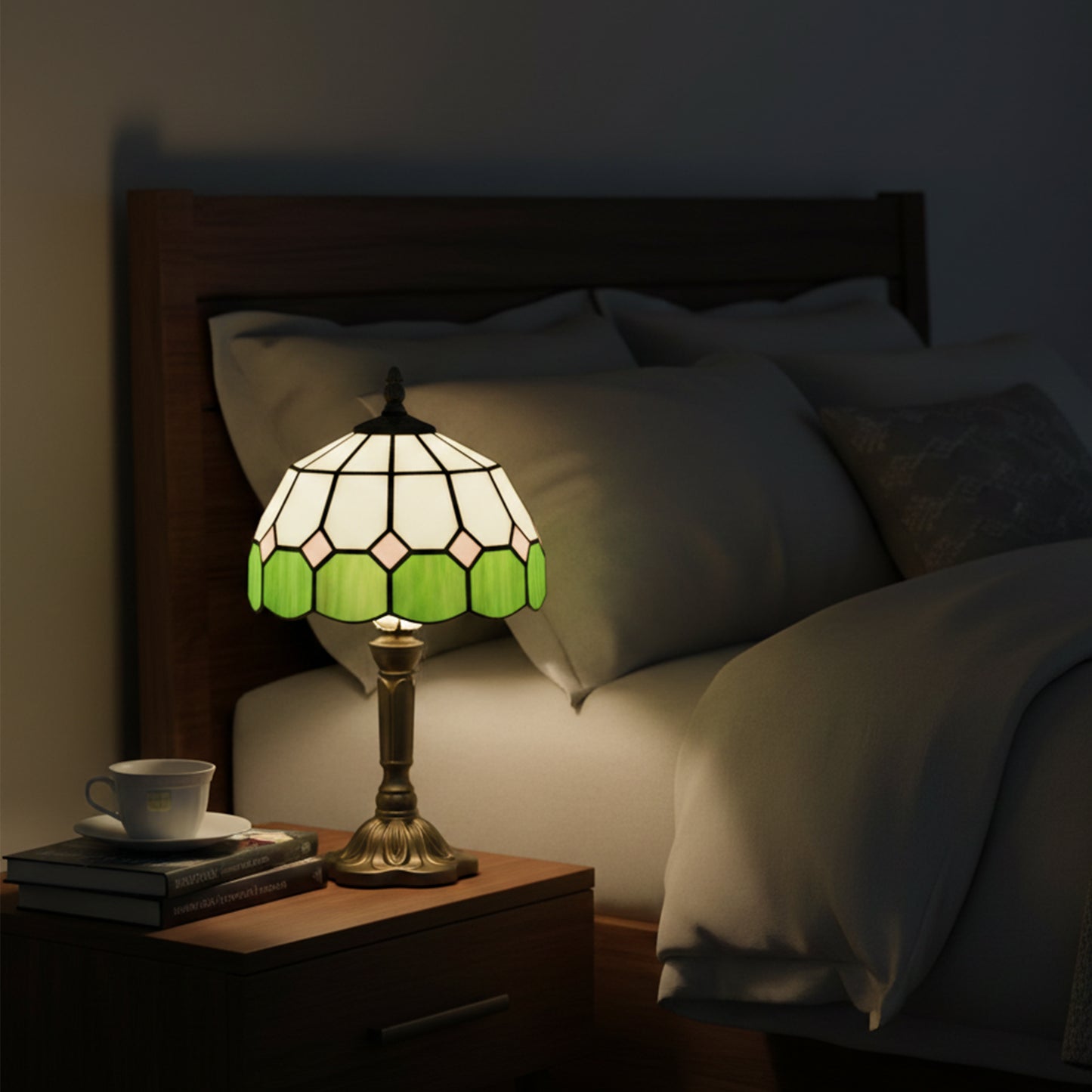 Handmade Art Deco Glass Table Lamp - White/Green