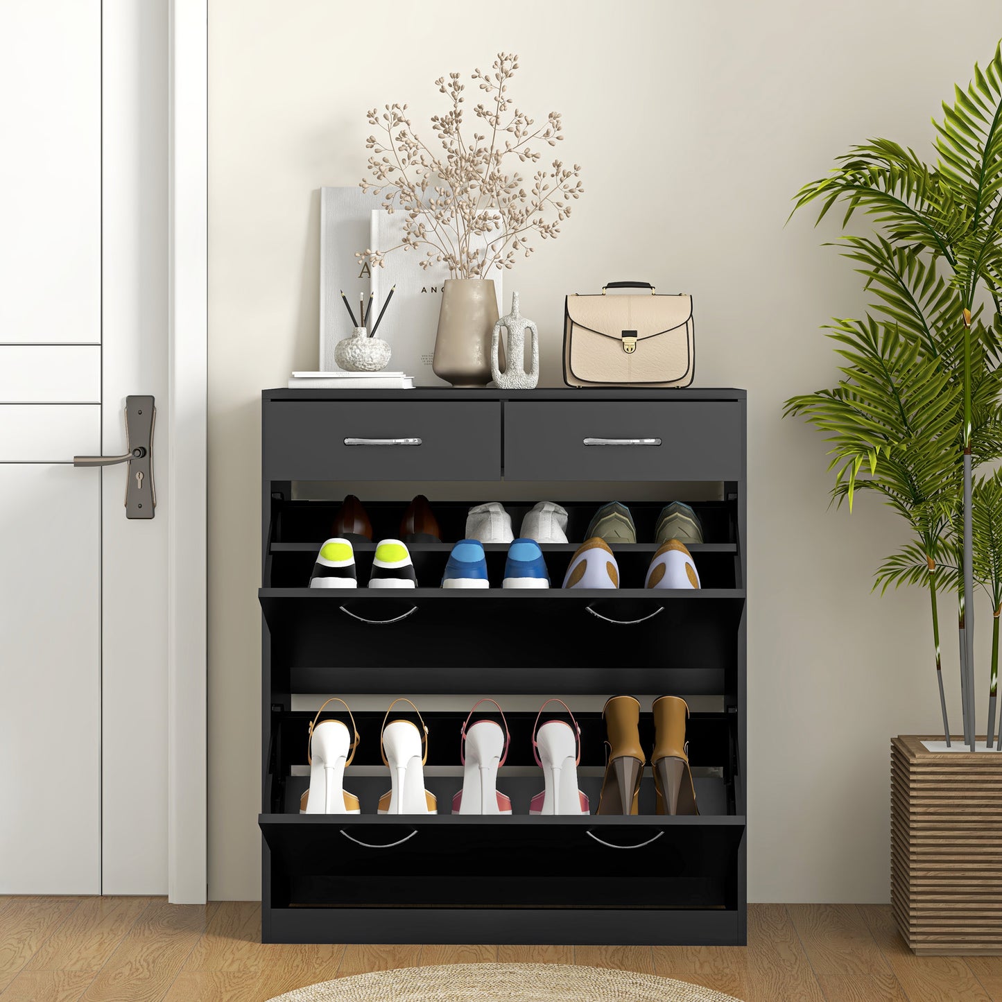 Narrow Shoe Storage with 2 Flip Drawers and Adjustable Shelves Shoe Cabinet Organizer for 12 Pairs of Shoes, Black