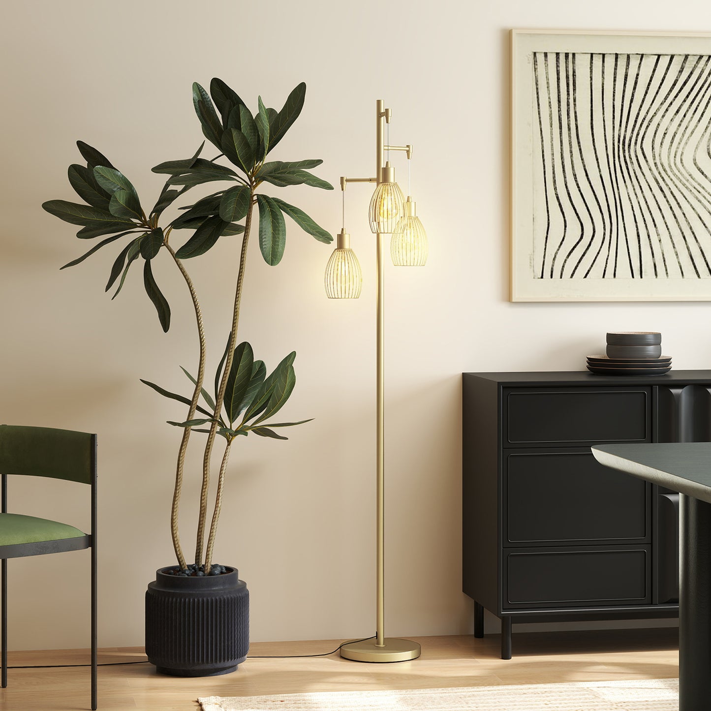 3-Light Floor Lamp, 170cm Industrial Dimmable Standing Lamp with Steel Wire Cage Lampshades for Living Room, Bedroom