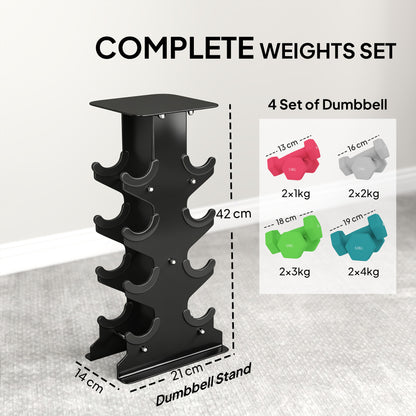 Hex Dumbbells Set with Dumbbell Rack, Hand Weights for Home Gym Strength Training, 2 x 1kg, 2 x 2kg, 2 x 3kg, 2 x 4kg