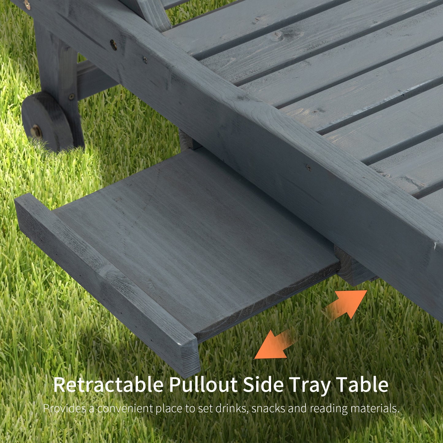 Garden Patio Sun Lounger, Outdoor Wooden Sun Bed with Built-In Table, Reclining Backrest and Rolling Wheels for Sunbathing