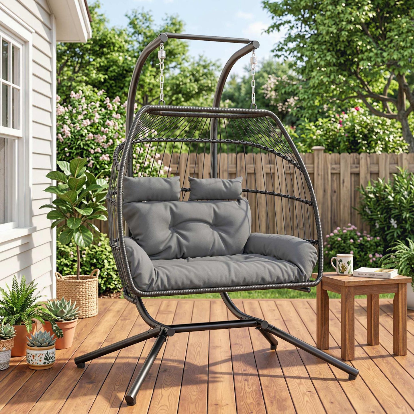 Rattan Double Hanging Egg Chair with Stand, Foldable Wicker Swing Egg Chair with Cushion, Head Pillows, Steel Frame