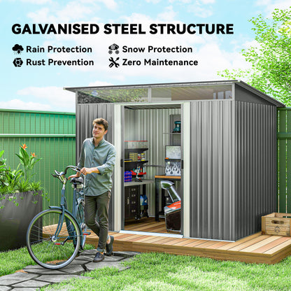 9ft x 6.5ft Garden Storage Shed with Top Window, Metal Outdoor Shed Tool House with Double Doors, Light Grey