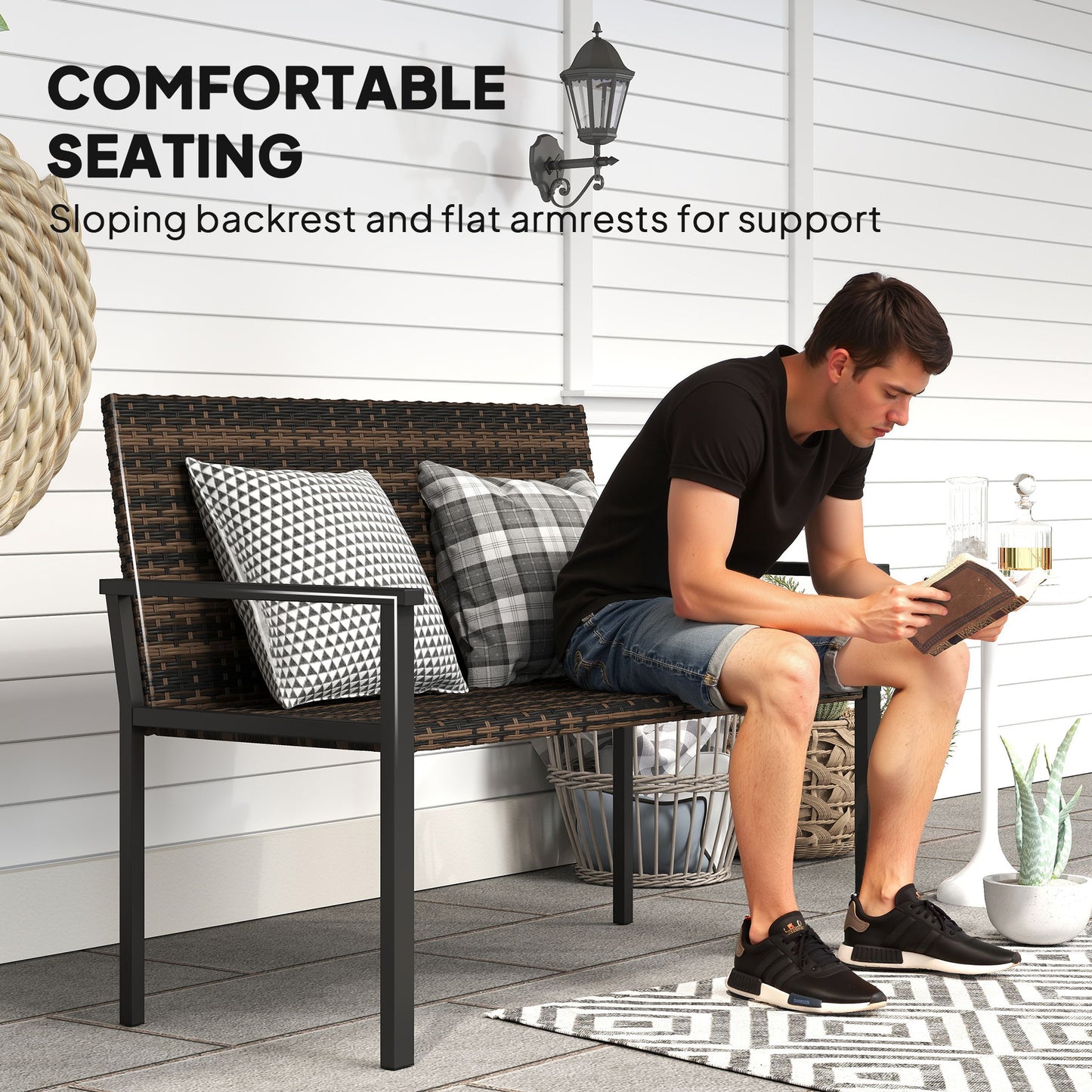 2 Seater Rattan Garden Bench, Outdoor Bench with Quick-Drying Cotton Padding, Wicker Garden Loveseat with Armrests
