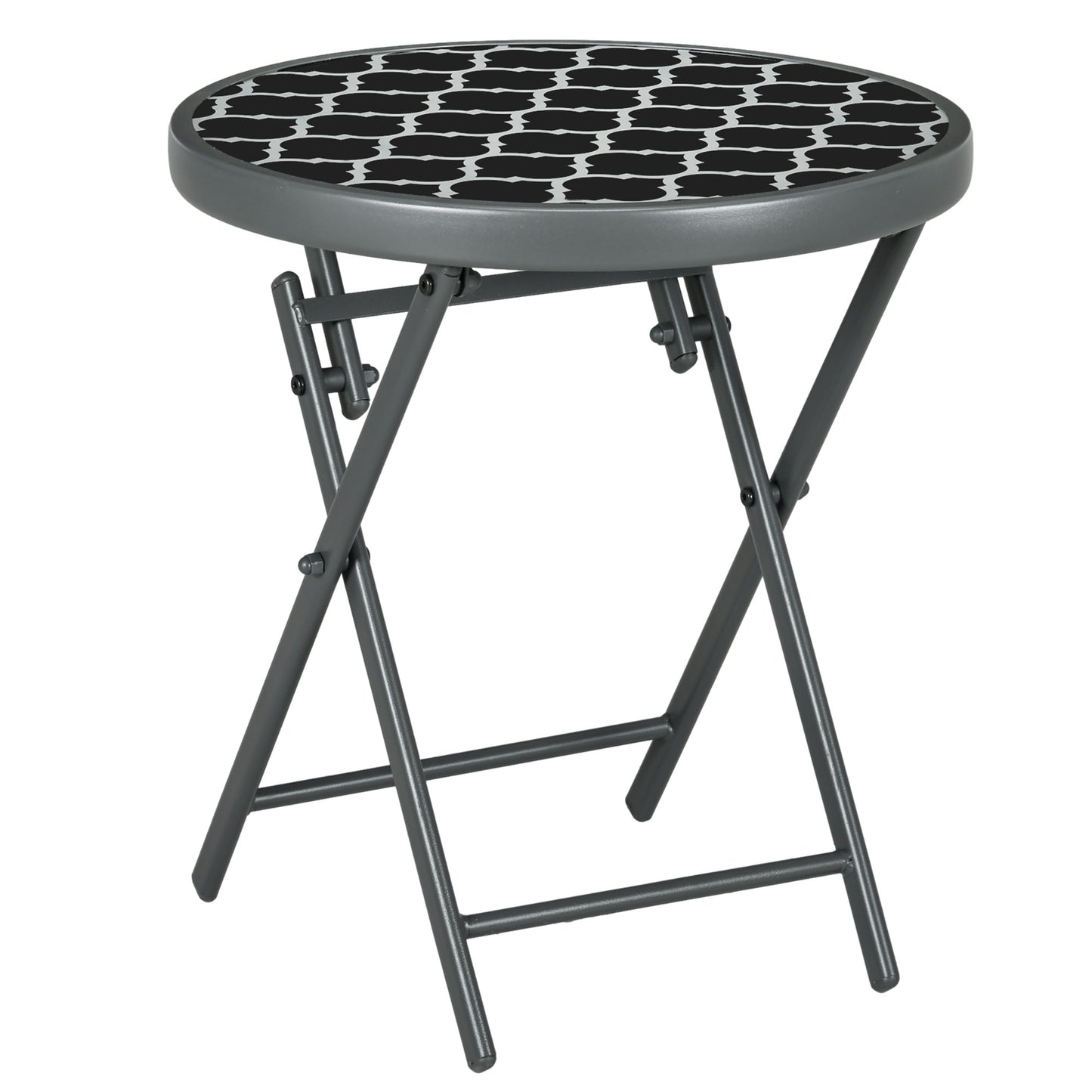 Φ45cm Garden Side Table, Outdoor Round Folding Patio Table with Imitation Marble Glass Top, Small Coffee Table