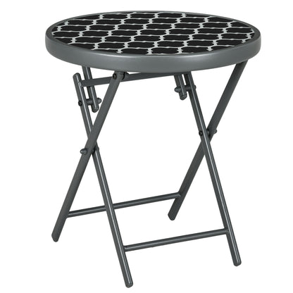 Φ45cm Garden Side Table, Outdoor Round Folding Patio Table with Imitation Marble Glass Top, Small Coffee Table
