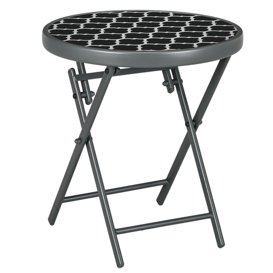 Φ45cm Garden Side Table, Outdoor Round Folding Patio Table with Imitation Marble Glass Top, Small Coffee Table