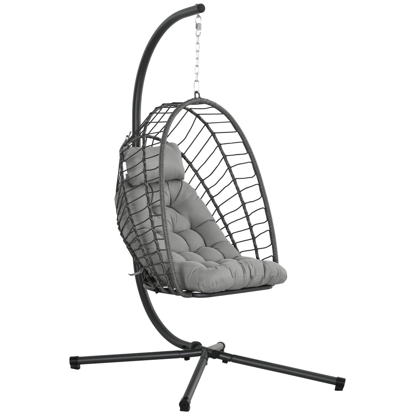 Outdoor PE Rattan Swing Chair with Foldable Basket and Cushion, Garden Patio Hanging Egg Chair with Metal Stand
