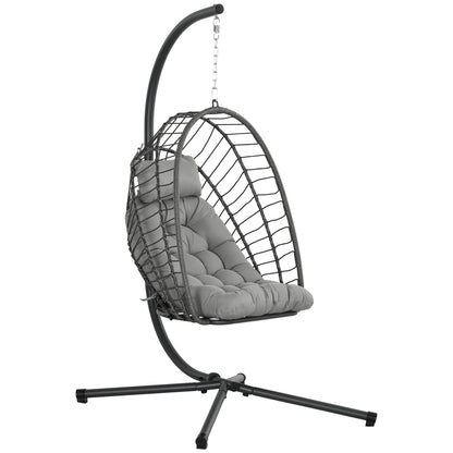 Outdoor PE Rattan Swing Chair with Foldable Basket and Cushion, Garden Patio Hanging Egg Chair with Metal Stand