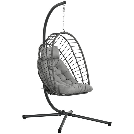 Outdoor PE Rattan Swing Chair with Foldable Basket and Cushion, Garden Patio Hanging Egg Chair with Metal Stand