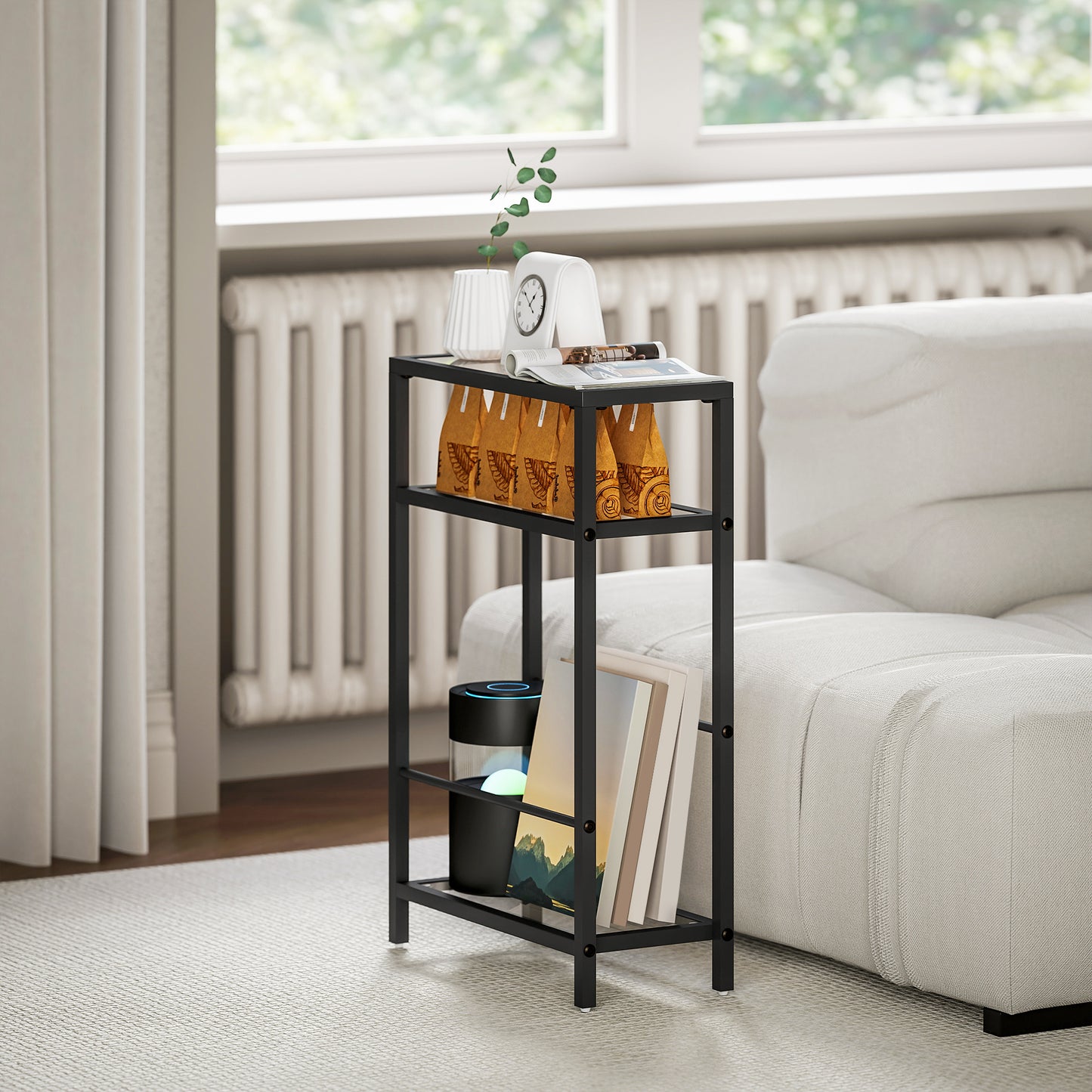 3-Tier Side Table, Narrow End Table with Storage Shelf and Tempered Glass Tabletop for Small Spaces, Black