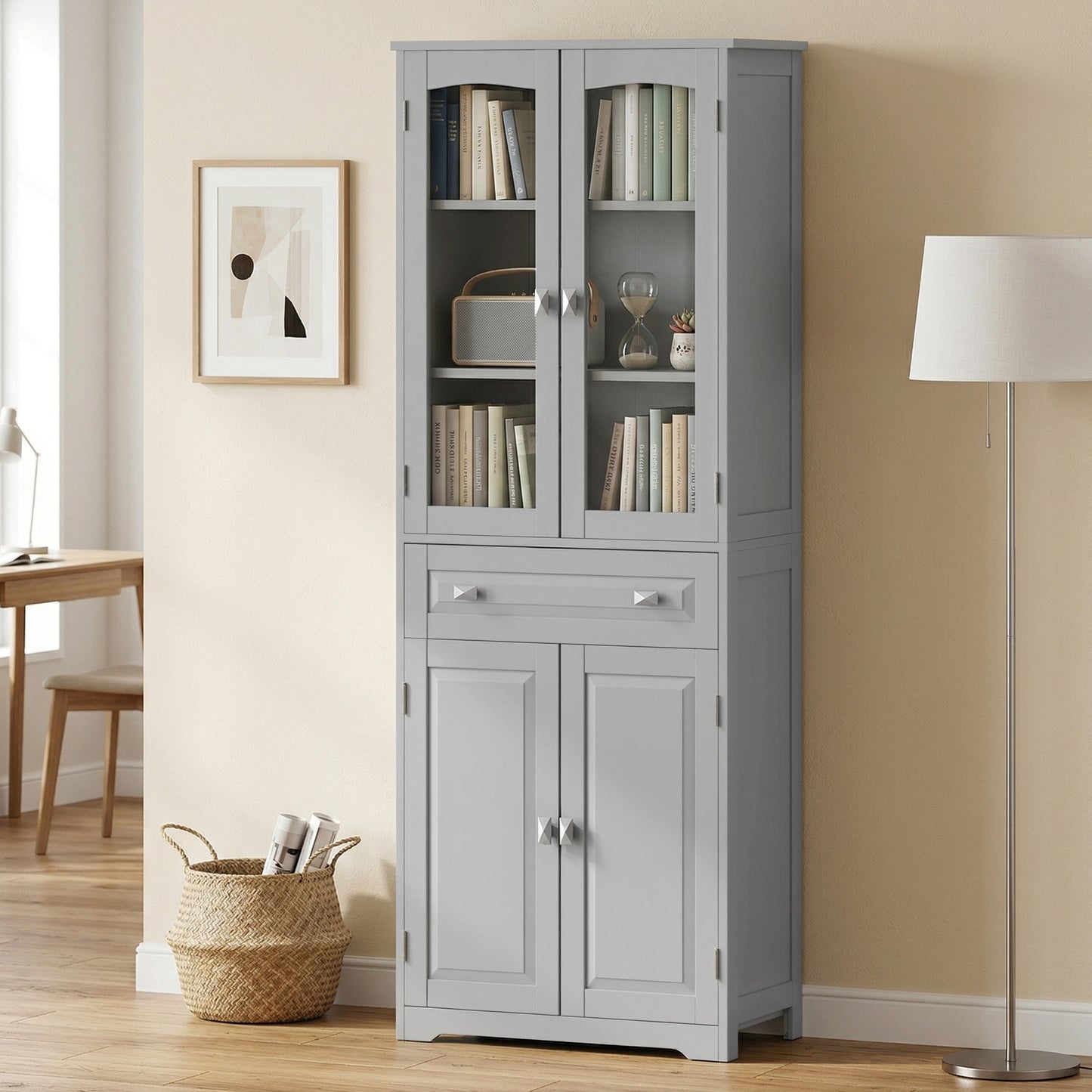 Freestanding Kitchen Cupboard, Storage Cabinet with 2 Adjustable Shelves, Drawer and Glass Door for Living Room, Grey