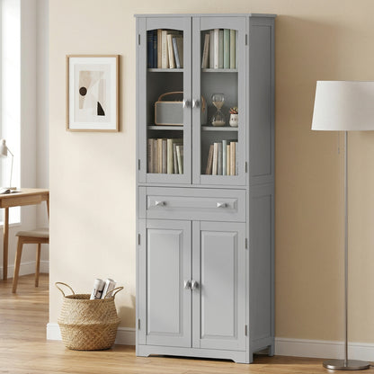 Freestanding Kitchen Cupboard, Storage Cabinet with 2 Adjustable Shelves, Drawer and Glass Door for Living Room, Grey