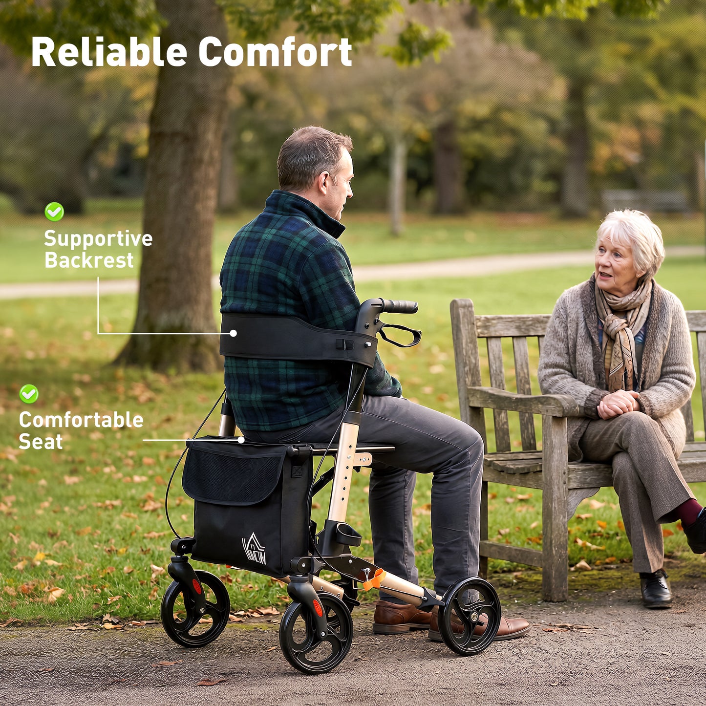 Rollator Walker with Seat with Carry Bag, Adjustable Height, Cane Holder for Seniors and Disabled, Gold Tone