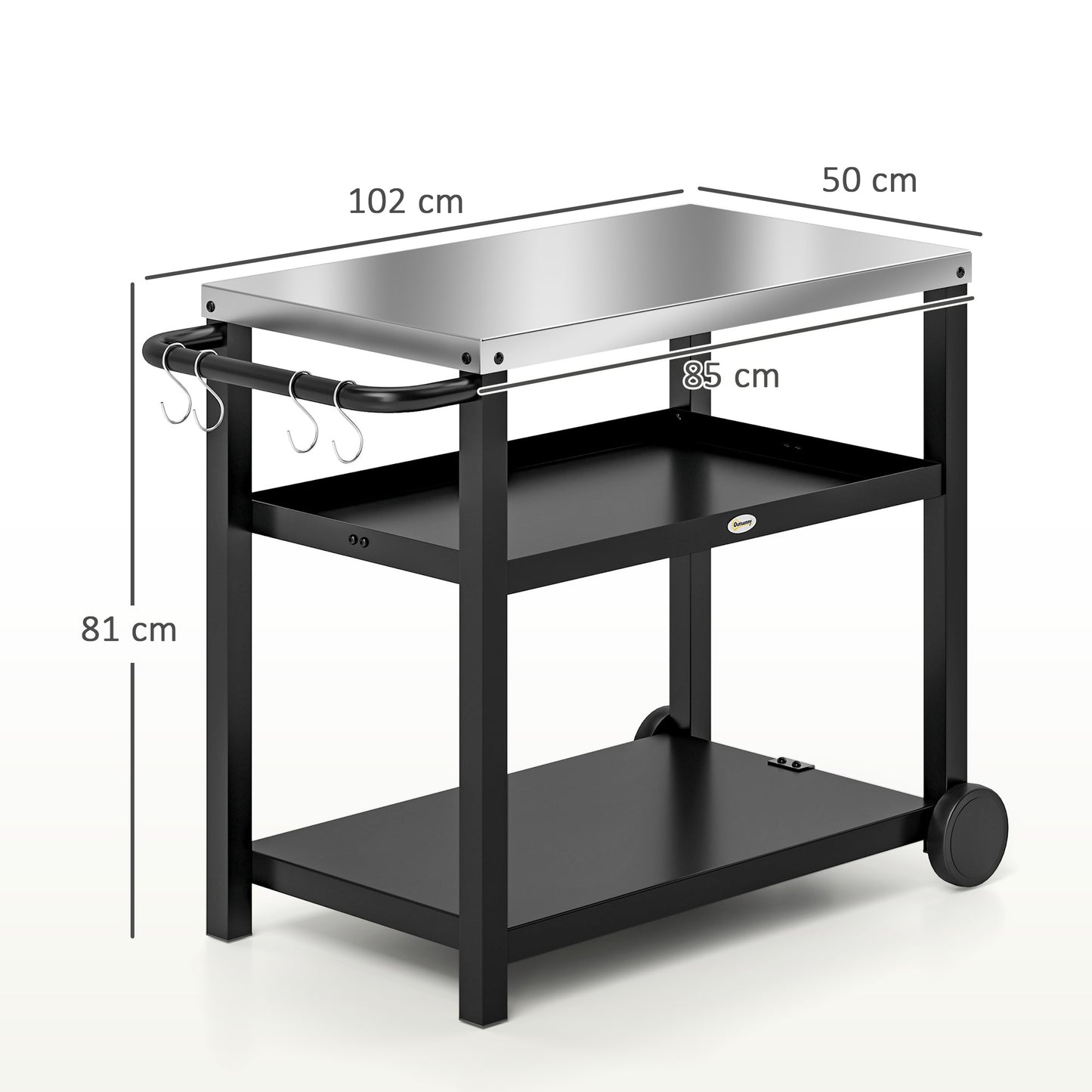 Outdoor Grill Dining Cart 3-Shelf Movable Pizza Oven Table Stand with Stainless Steel Top