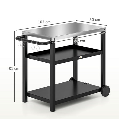 Outdoor Grill Dining Cart 3-Shelf Movable Pizza Oven Table Stand with Stainless Steel Top