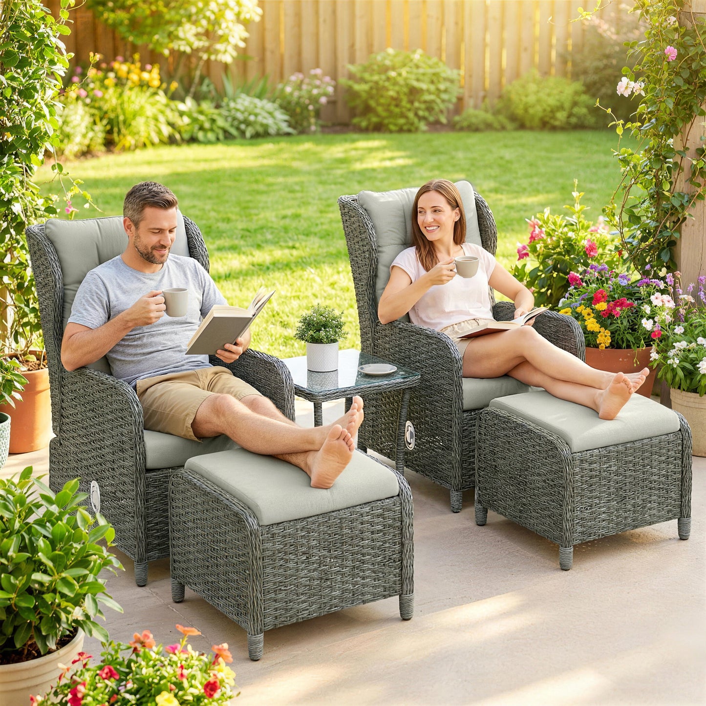 Rattan Reclining Garden Chair Set of 2 with Footstool and Cushion for Balcony, Cream