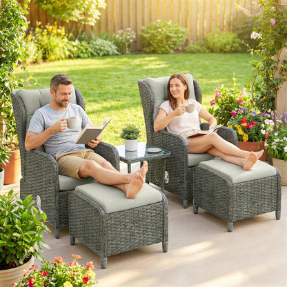 Rattan Reclining Garden Chair Set of 2 with Footstool and Cushion for Balcony, Cream