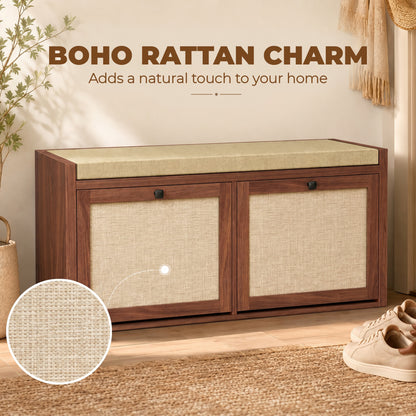 Rattan Shoe Bench with Padded Cushion and 2 Cabinets for Hidden Storage, Brown
