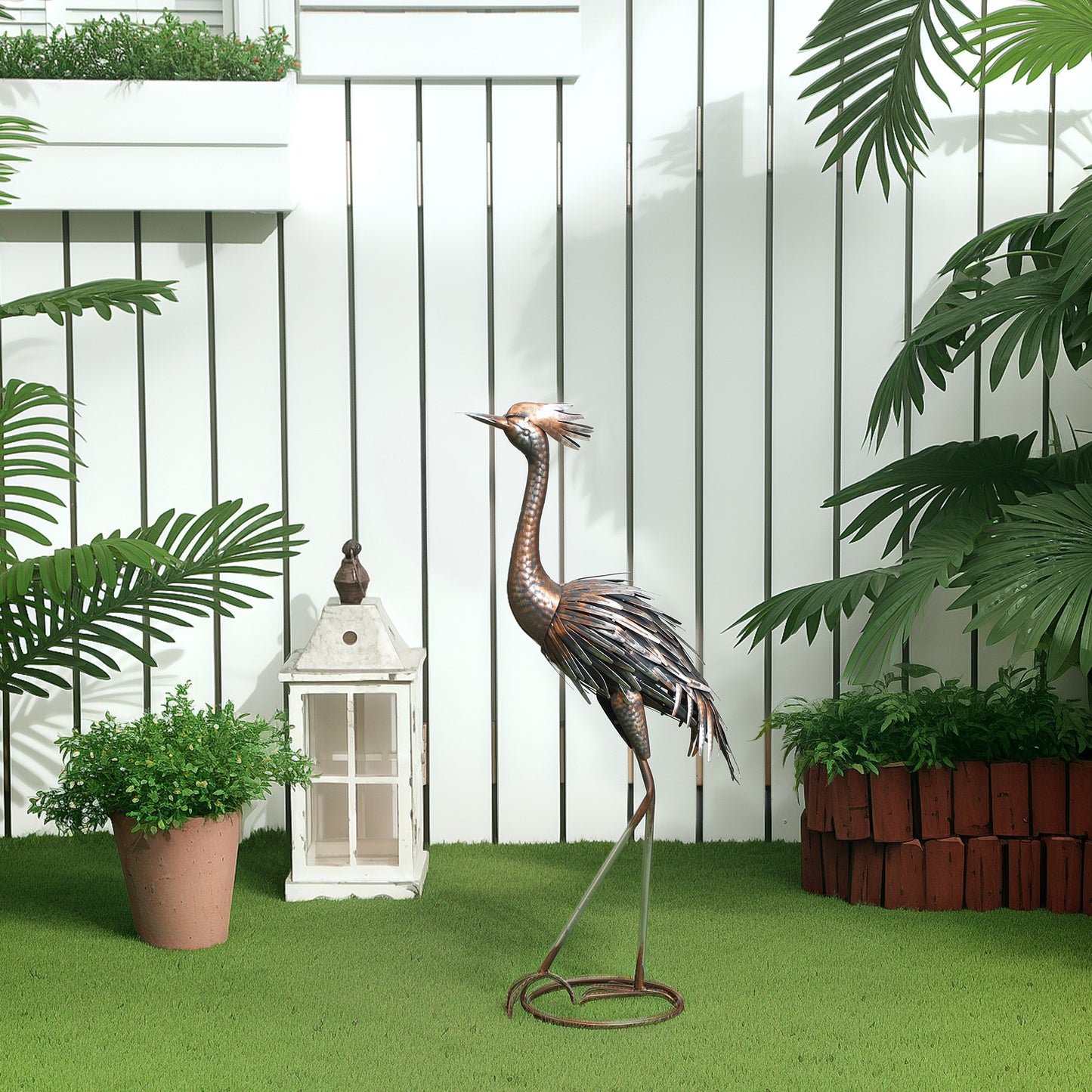 Heron Garden Statue, Standing Garden Ornament, Metal Garden Gift with Stakes for Patio Pond Landscape Decoration, Silver Tone