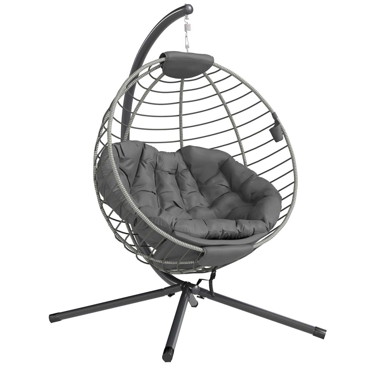 PE Rattan Swing Chair, Outdoor Hanging Chair with Metal Stand, Thick Padded Cushion, Foldable Basket and Cup Holder