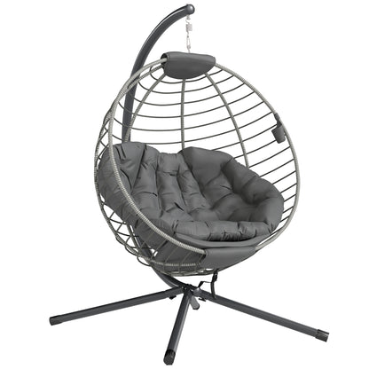 PE Rattan Swing Chair, Outdoor Hanging Chair with Metal Stand, Thick Padded Cushion, Foldable Basket and Cup Holder