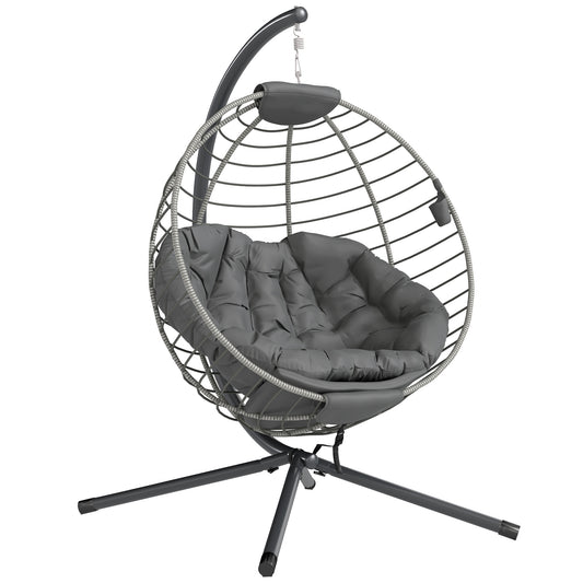 PE Rattan Swing Chair, Outdoor Hanging Chair with Metal Stand, Thick Padded Cushion, Foldable Basket and Cup Holder