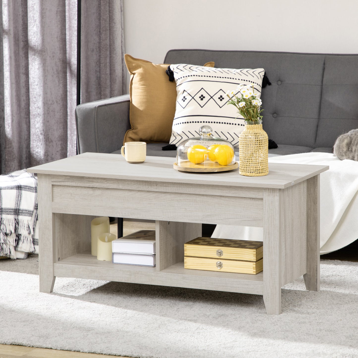 Lift Top Coffee Table w/ Hidden Storage Compartment Open Shelves Lift Tabletop Pop Up Centre Table for Living Room Oak Effect