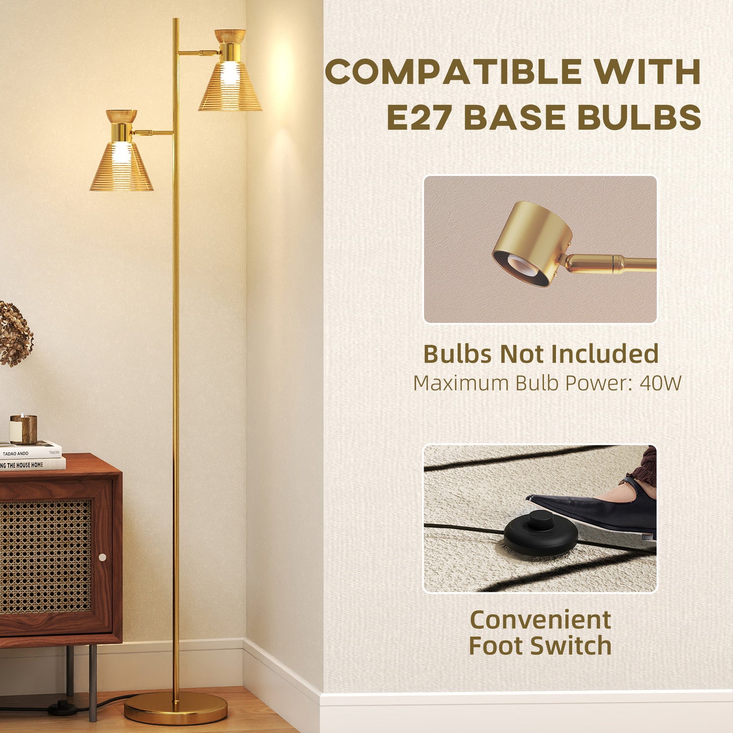Floor Lamp with Adjustable Dual Head, Modern Standing Lamp with Floral Glass Shades and Foot Switch for Living Room Bedroom