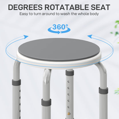360° Swivel Shower Chair, Height Adjustable Aluminium Shower Stool with Non-Slip Feet for Disabled, Elderly, Grey