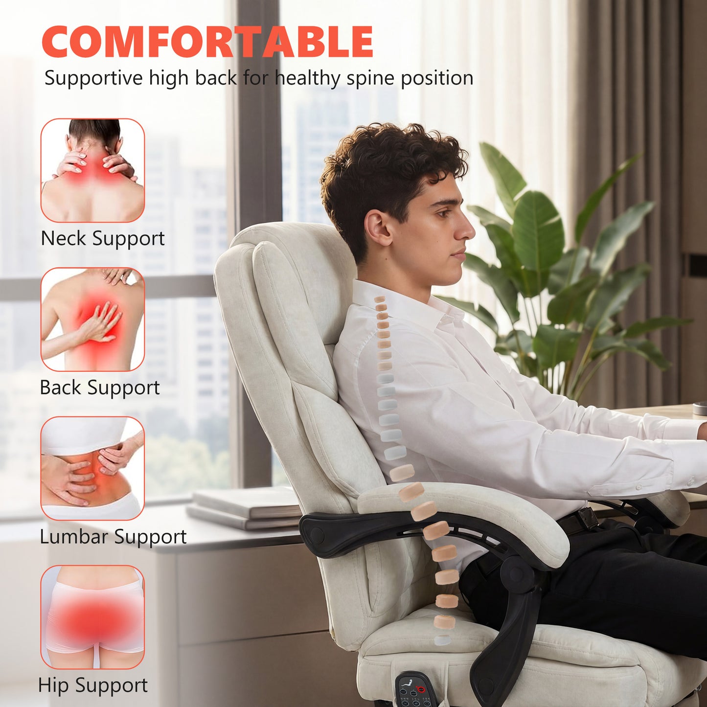 Office Chair with 6-point Vibration Massage and Heat, Fabric Desk Chair with Footrest, High Back, Cream White